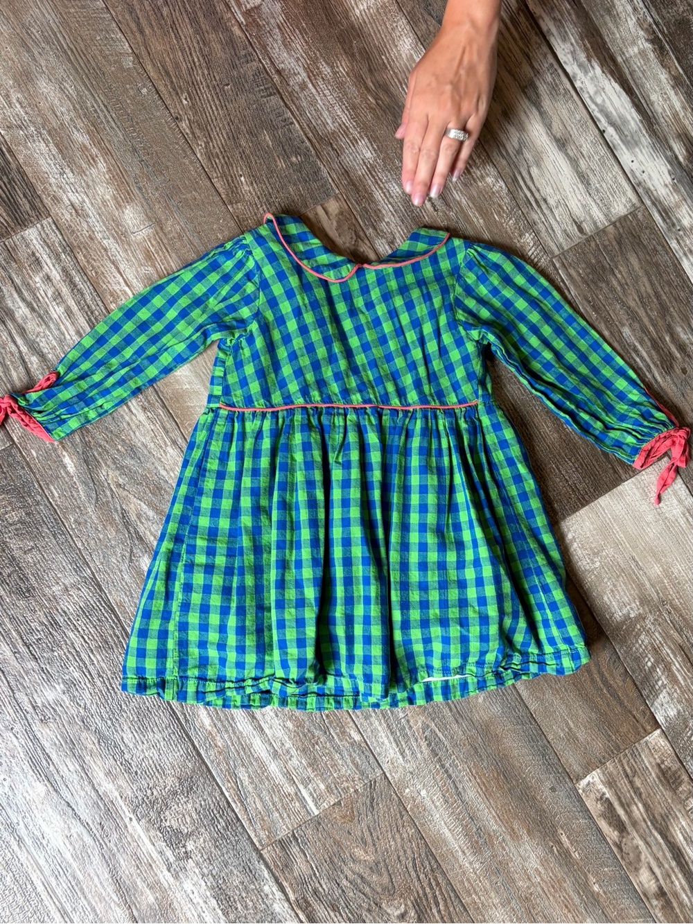 Girls' Green and Blue Gingham Casual Dress with Pink Trim